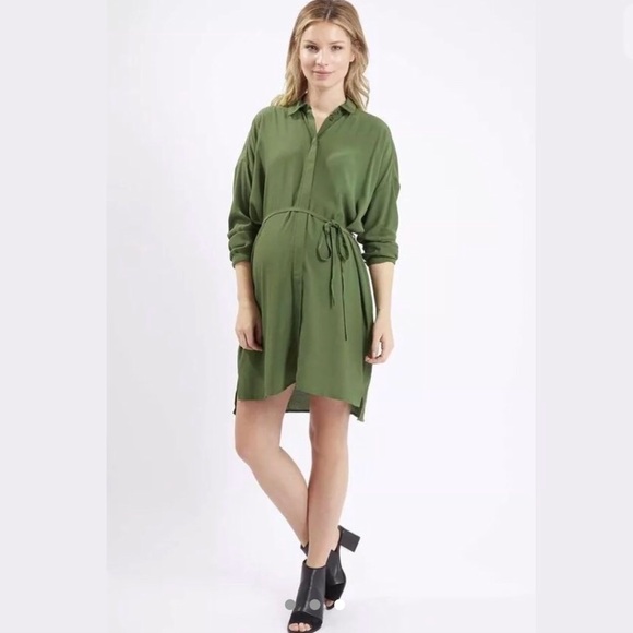 TOPSHOP Dark Green Self Tie Waist ShirtDress Long - Picture 3 of 3